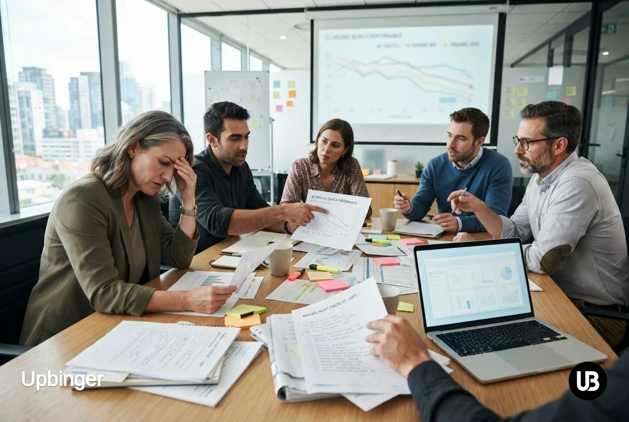 Marketing and analytics team in a modern conference room reviewing disappointing SEO reports, with cluttered paper notes being pushed aside in favor of a laptop, symbolizing a shift from manual chaos to an AI-driven SEO strategy.
