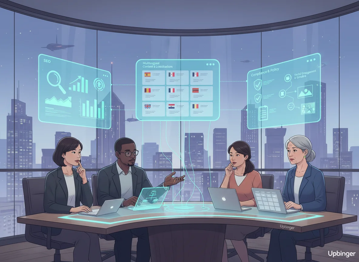Marketing team in a futuristic office comparing multiple holographic AI content platforms, each highlighting different strengths like SEO, localization, and compliance.