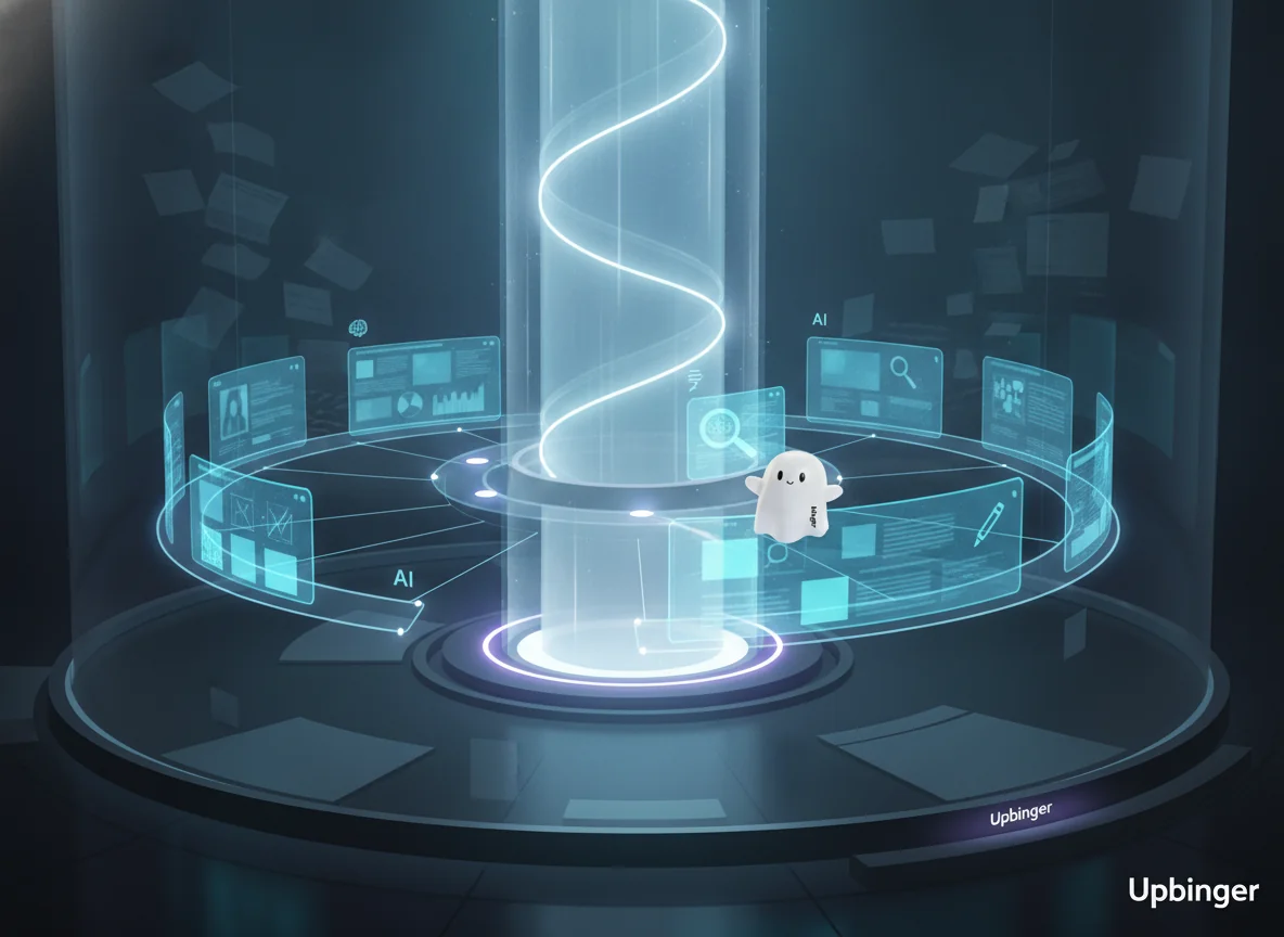 Conceptual illustration of a glowing central digital pillar surrounded by organized, connected content panels in a futuristic library-like space, symbolizing a structured AI-powered SEO topic hub.
