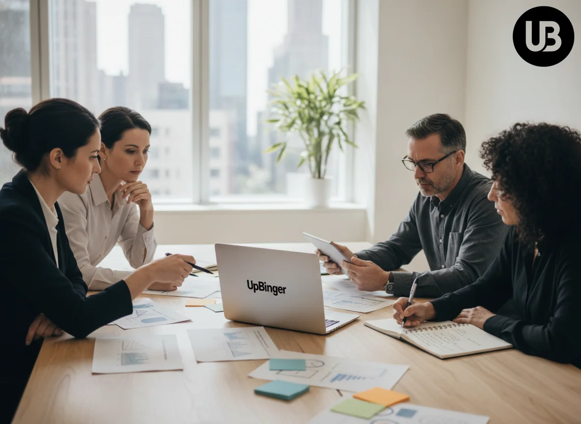 Marketing leaders in a bright modern conference room collaboratively reviewing documents and devices as they evaluate which AI SEO content platform to choose.