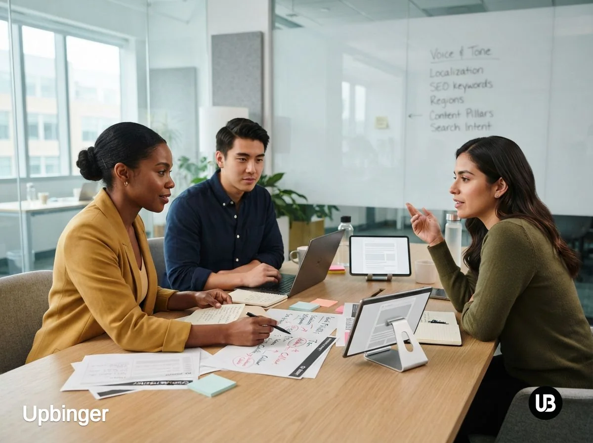 Marketing team in a bright meeting room collaboratively reviewing printed content and AI‑generated drafts on a tablet, illustrating a balanced partnership between humans and AI in enterprise content creation.