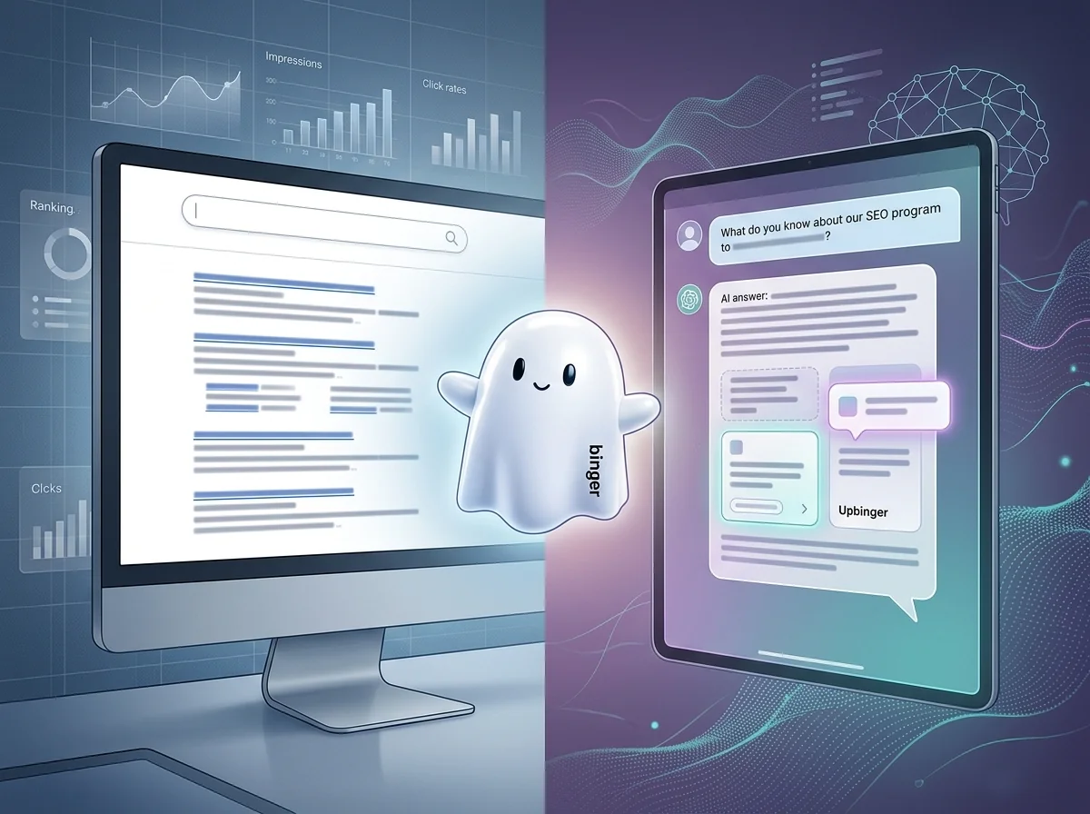 Editorial illustration showing a traditional search results page on one side and an AI assistant answer interface with cited sources on the other, visually contrasting SEO with AI-focused optimization.