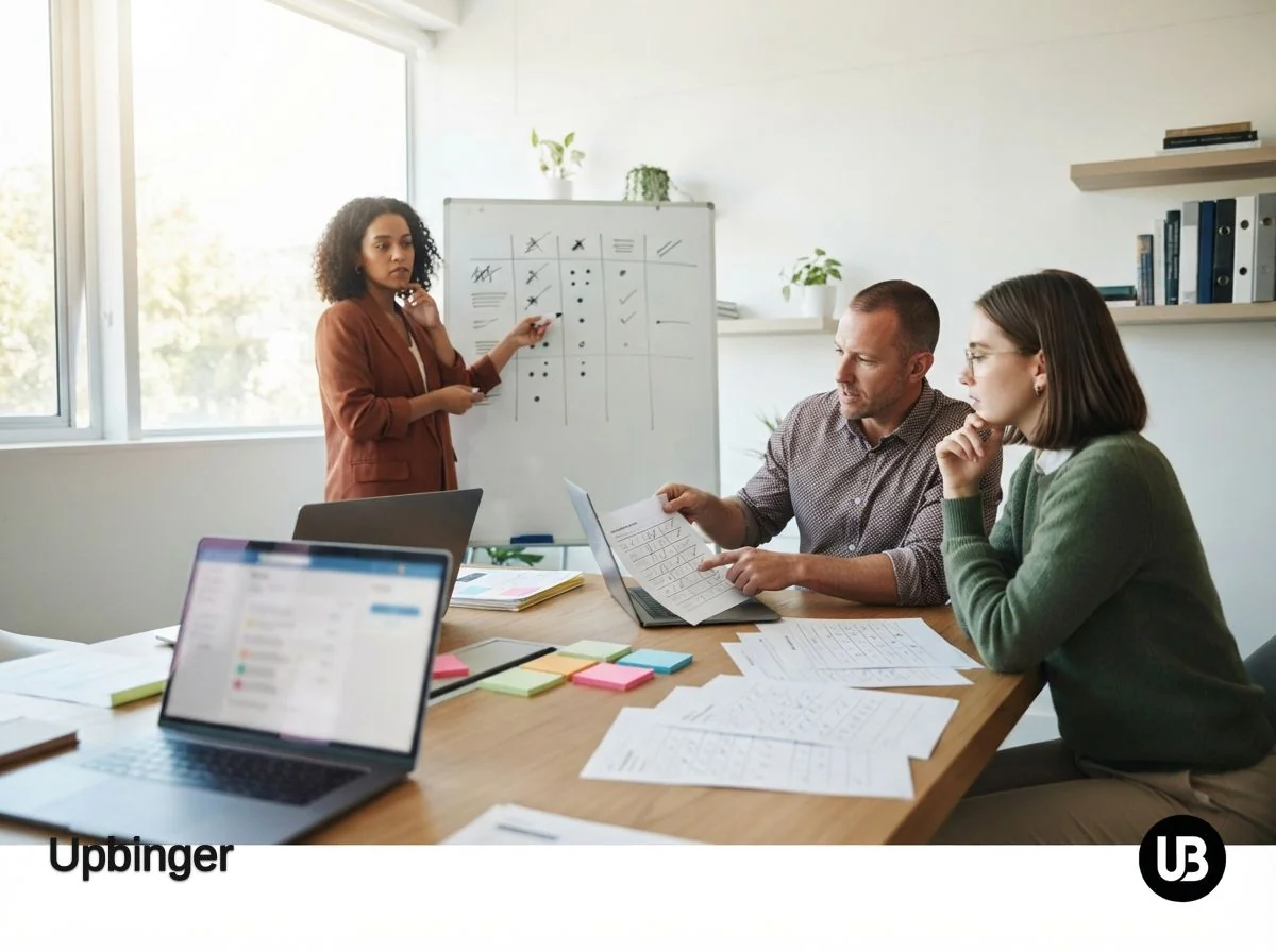 Marketing team in a bright conference room collaboratively scoring and comparing AI content and SEO tools using a structured evaluation grid on a whiteboard and printed score sheets.
