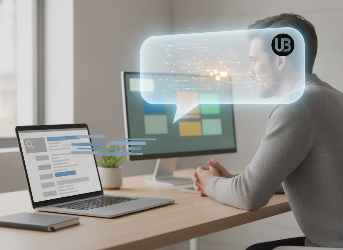 A person at a bright modern desk looks at a laptop where traditional blue search result bars on the screen dissolve into a glowing dialogue bubble representing an AI-generated answer.