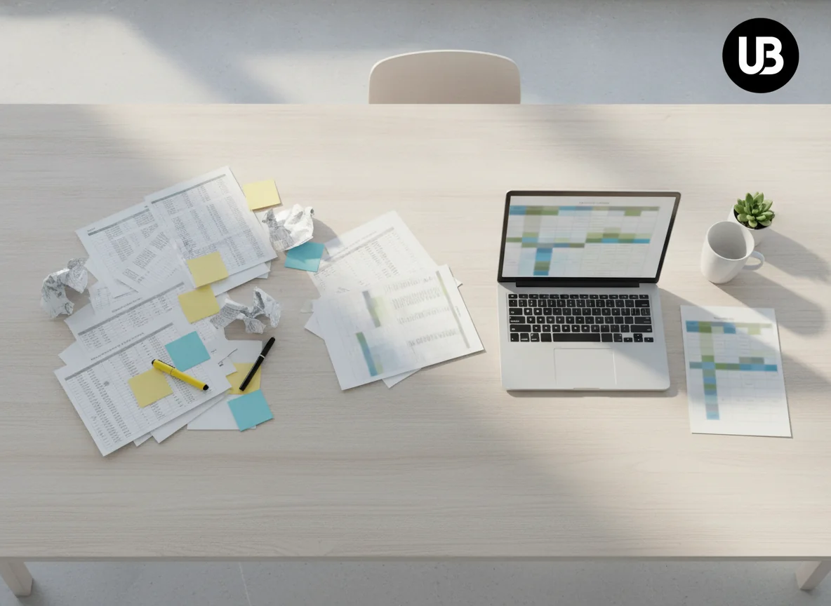 Overhead view of a modern desk showing a messy pile of printed sheets on one side and a neat laptop with a tidy sheet on the other, symbolizing the transformation from raw keyword data to a clean, AI-ready dataset.