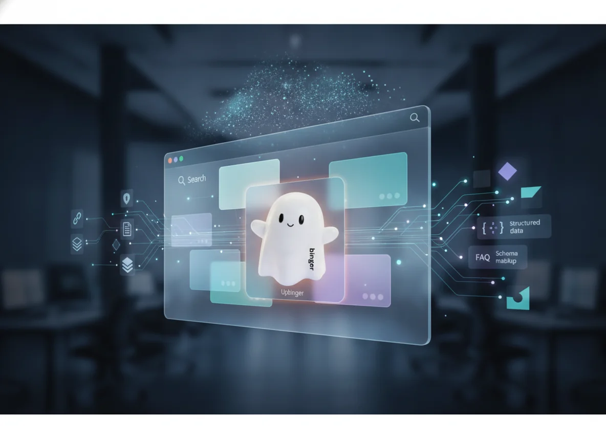 Conceptual illustration of an AI assistant interface highlighting a prominently surfaced Upbinger product card among several answer cards, with abstract data streams converging into the result to symbolize how optimization affects visibility in AI search.