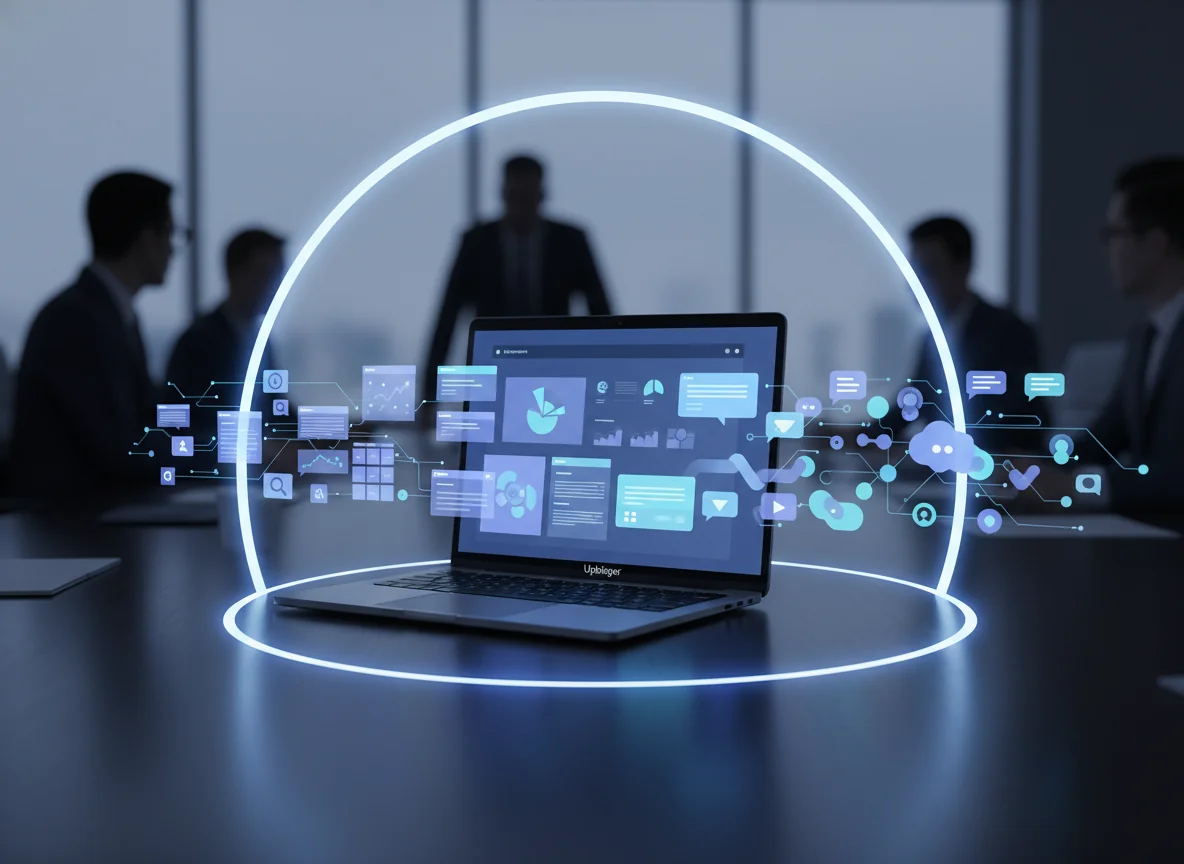 Editorial illustration of a software demo on a laptop showing two connected discovery paths, one for traditional search and one for AI answer interfaces, unified into a single platform in a boardroom setting.