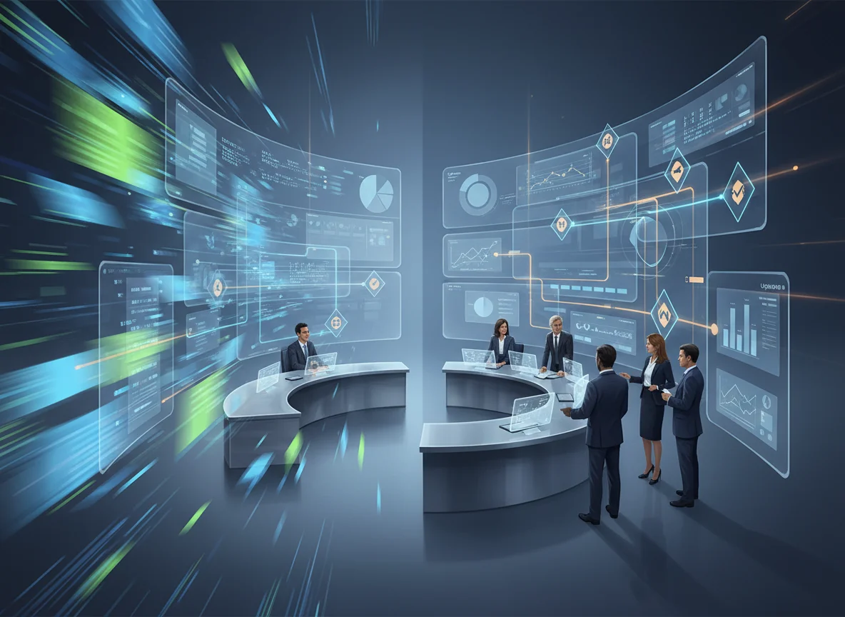 Editorial illustration of an enterprise team in a futuristic content operations room, where chaotic fast AI output on one side becomes structured, governed, high-performing content workflows on the other.