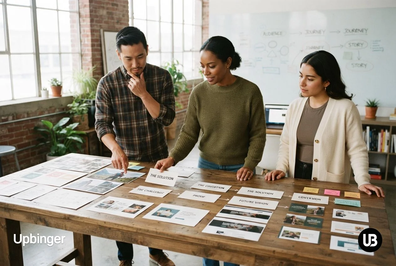 Marketing team arranging printed creatives and message cards in a left-to-right sequence on a table, illustrating how a full-funnel brand story is architected from first principles.