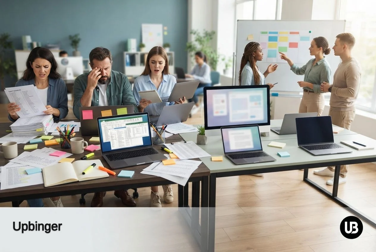 Modern open office where one side shows a cluttered, stressed marketing team surrounded by papers and screens, and the other side shows a calm, organized team working at clean desks, symbolizing the shift from manual SEO chaos to a streamlined, AI-orchestrated workflow.