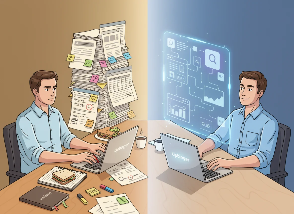 Split-scene illustration showing a marketer doing manual SEO with papers and spreadsheets on one side and using an AI-driven interface to optimize search content on the other side.