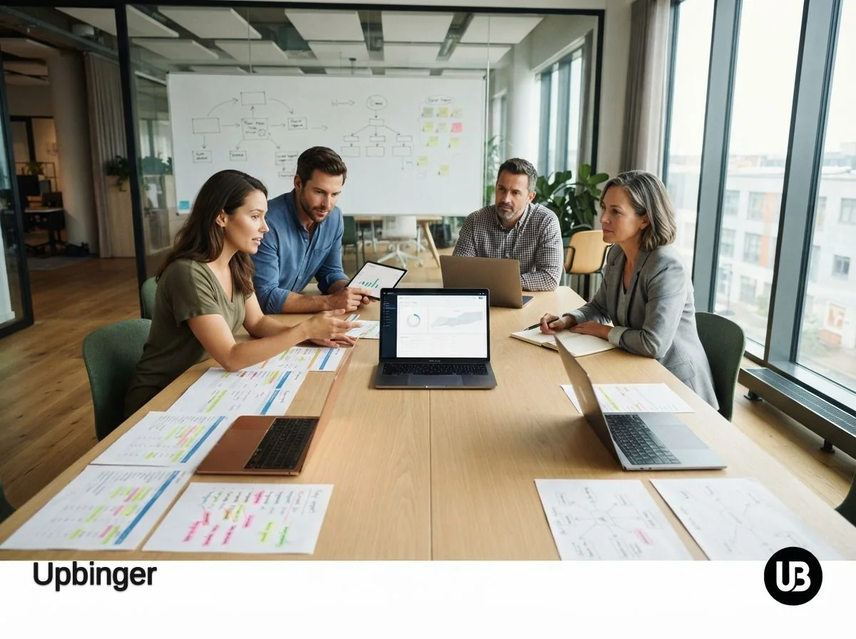Marketing team in a bright office using printed SEO reports and older laptops around a table while focusing on a central modern laptop, symbolizing traditional SEO tools feeding into a primary AI SEO platform.