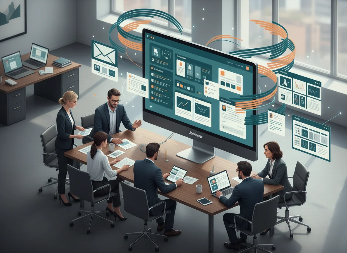 Editorial illustration of a marketing team using a polished AI content platform as a central hub for campaigns, drafts, and brand-consistent workflows in a modern office.