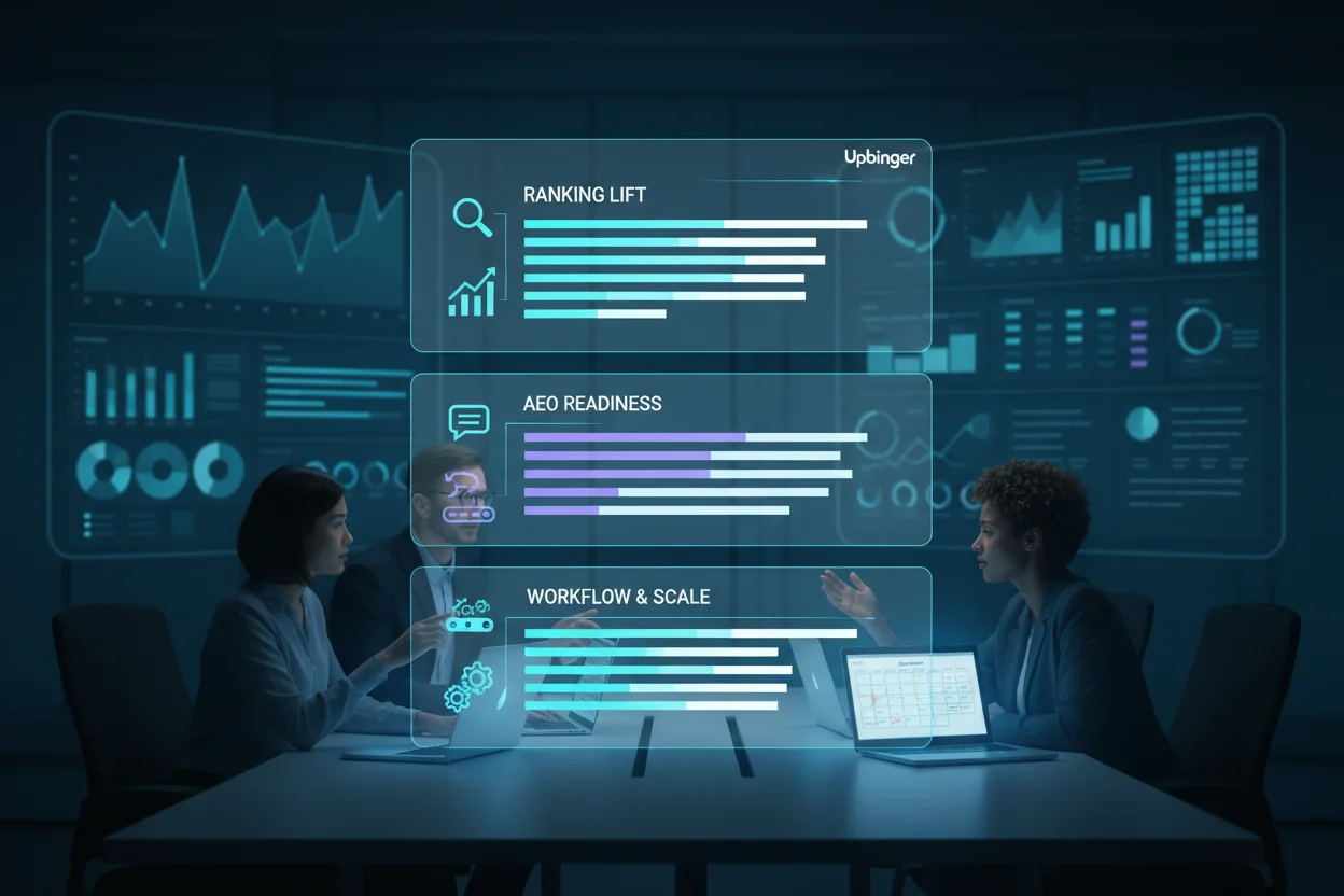 Editorial illustration of a data-driven dashboard comparing multiple AI content platforms across three weighted criteria, with a team analyzing scores in a modern analytics workspace.