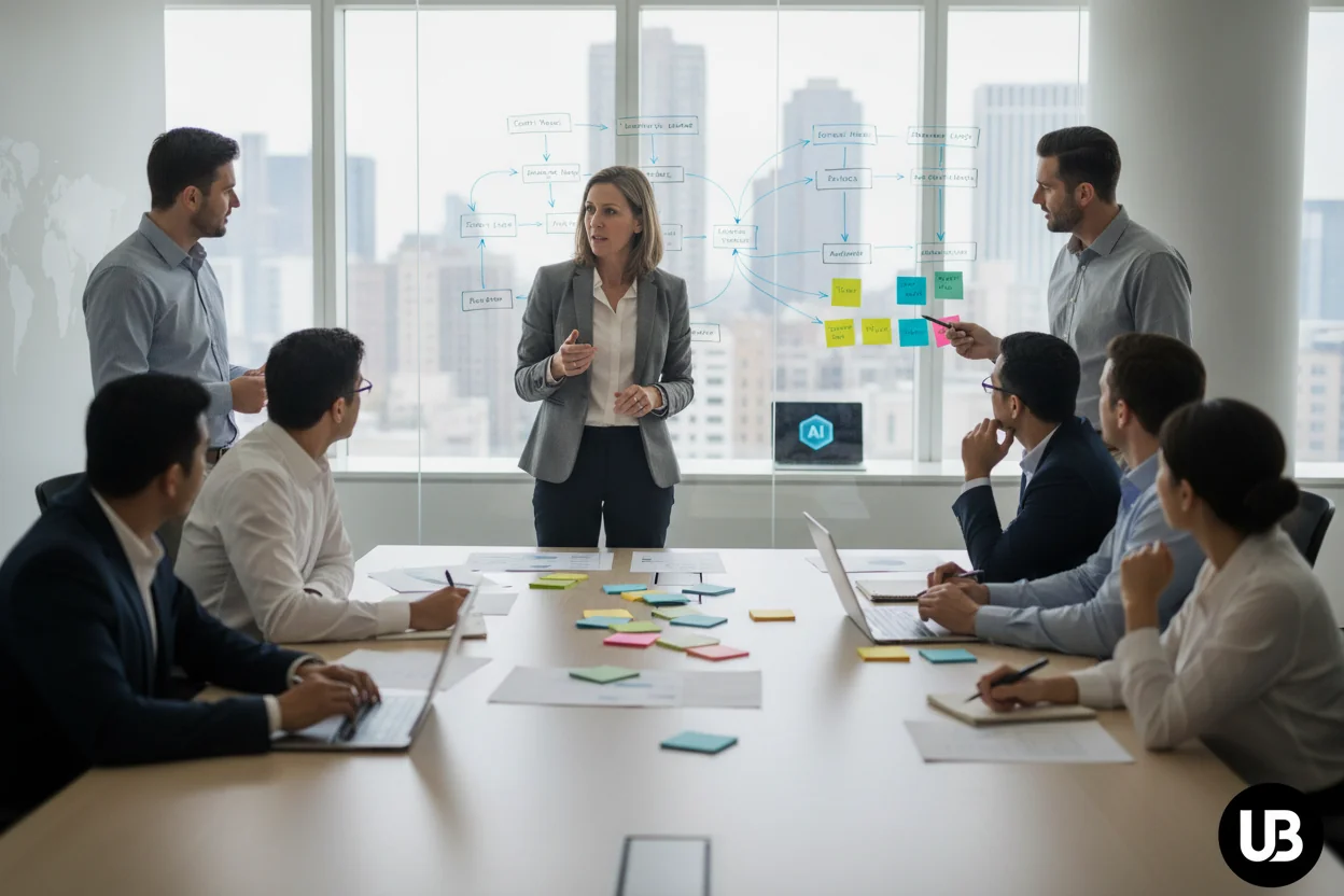 Enterprise content and marketing leaders collaboratively mapping a content operating model on a wall and table before implementing AI tools