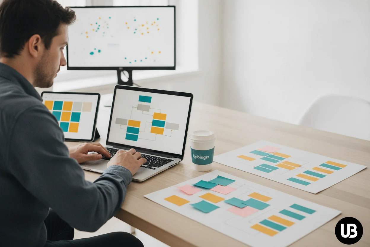 Content strategist at a bright desk moving from scattered ideas to an organized outline, with AI-powered research tools visible on screens.