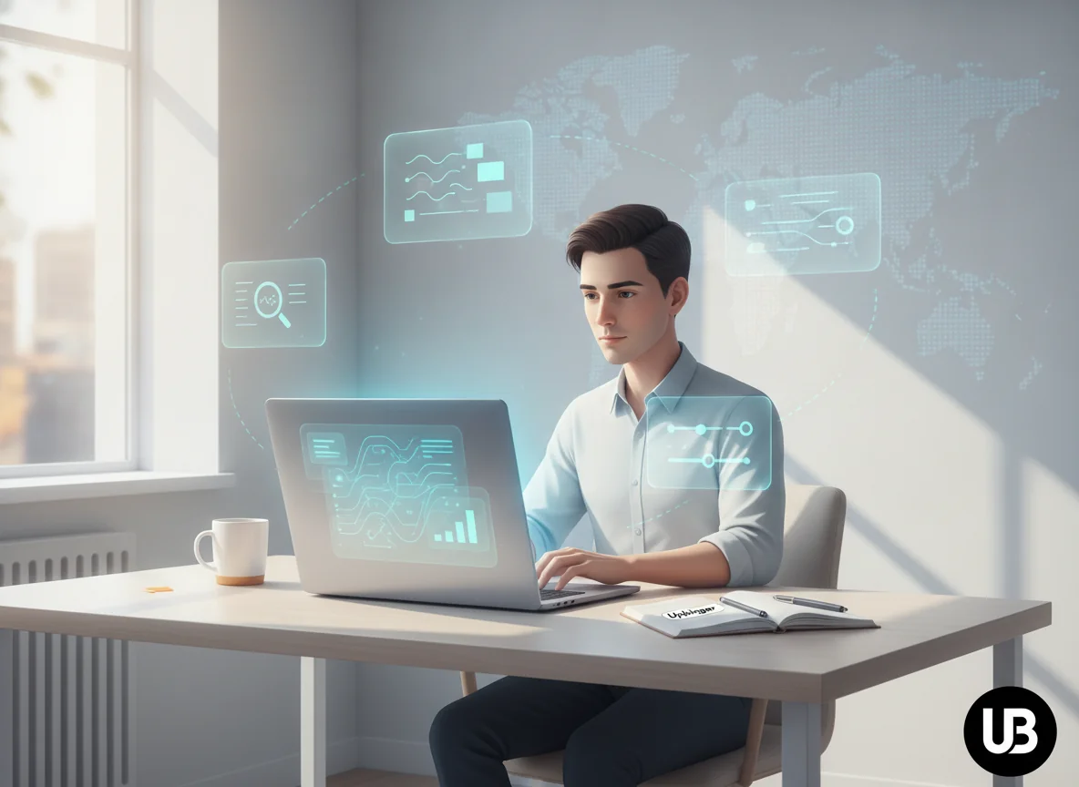 Editorial illustration of a marketer at a desk surrounded by floating digital panels representing connected phases of an AI SEO platform, symbolizing essential, unified features.