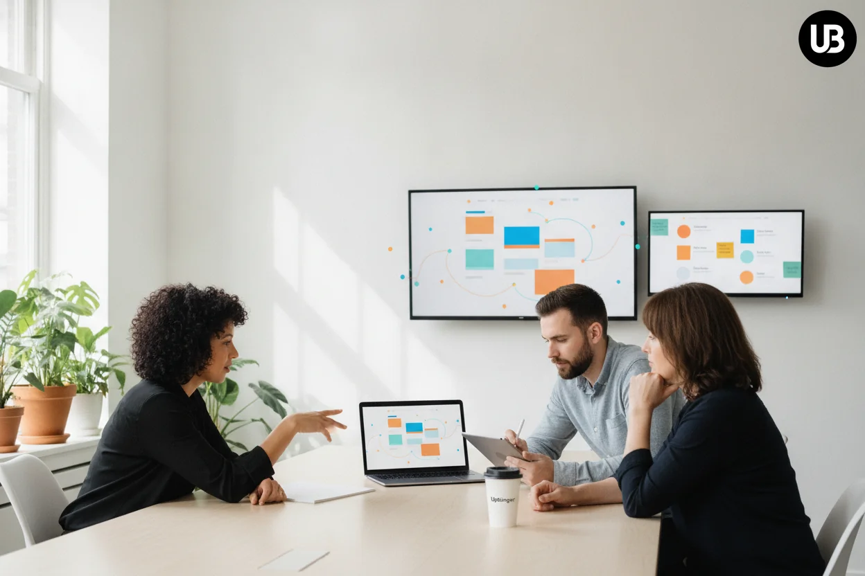Marketing team collaborating in a bright office as they use AI insights on screens to reorganize website content layouts and improve visitor engagement.