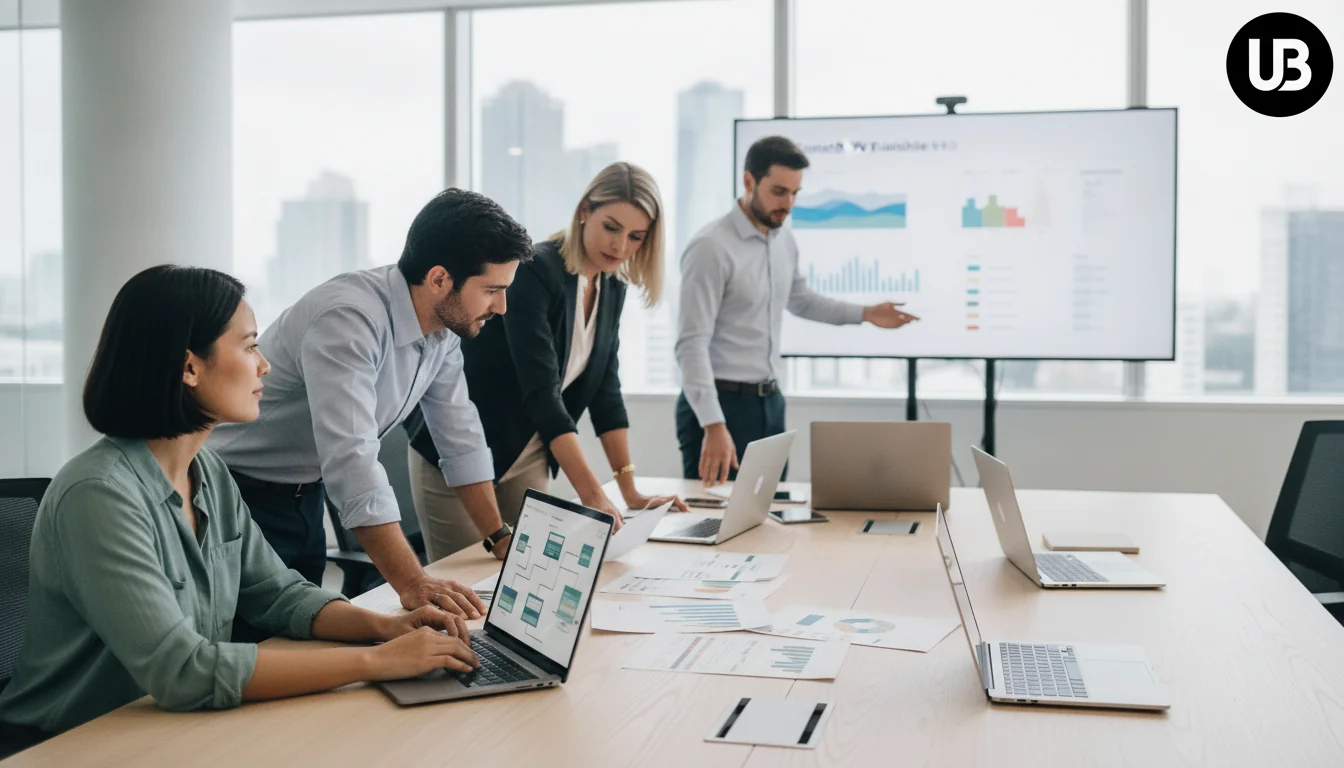 Enterprise content and SEO team in a bright modern office reviewing an AI-driven content workflow together, emphasizing structured governance and human oversight.