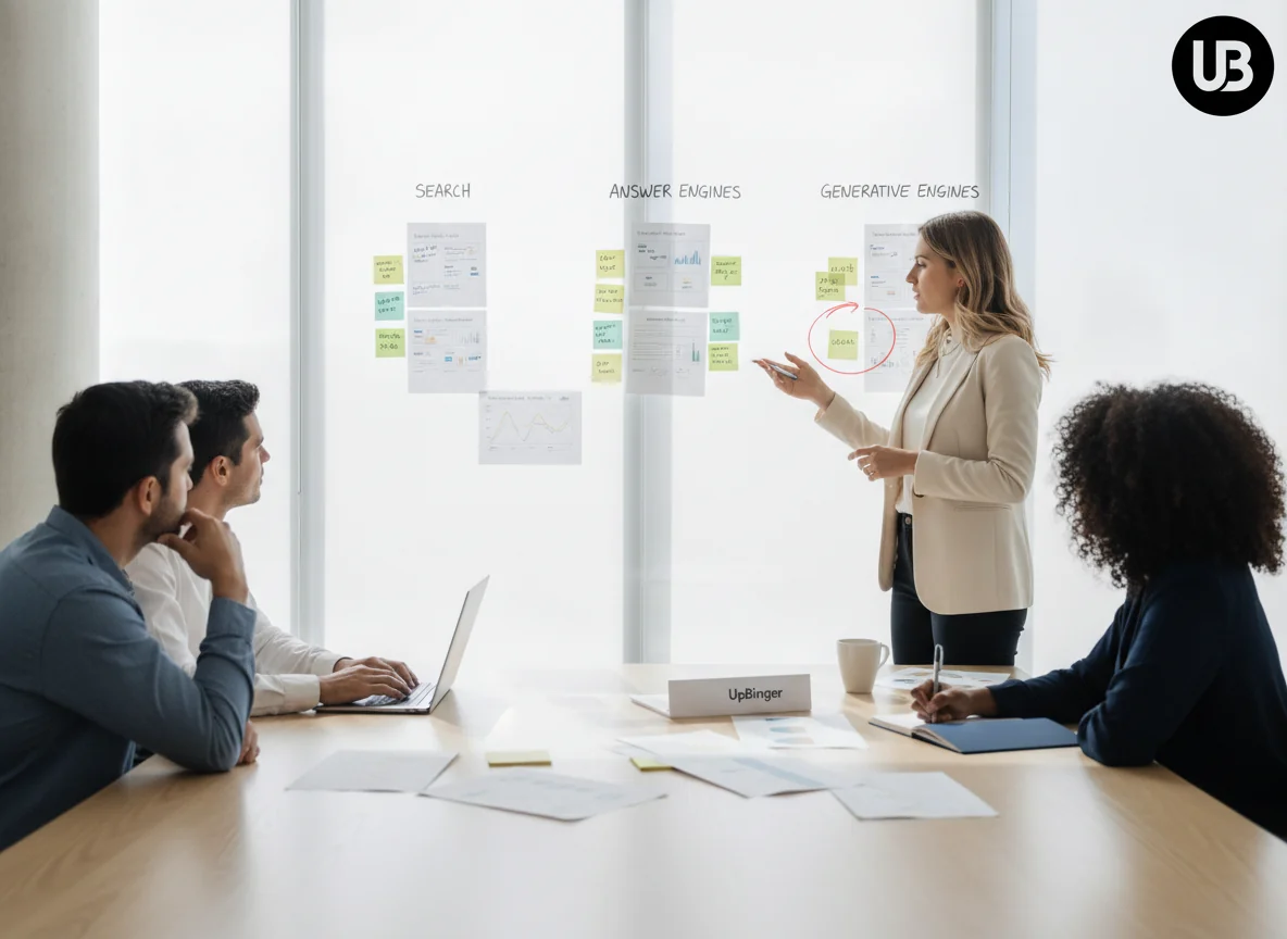 Marketing team in a bright meeting room reviewing channel-specific outcomes on a glass wall, focusing on business results rather than software features.